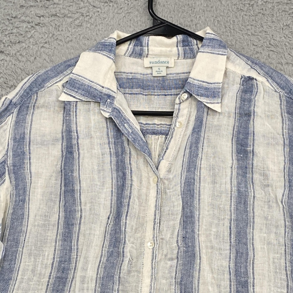 Sundance 100% Linen Shirt Womens Small Blue White Stripe Button Front Top Hi-Lo - Picture 2 of 11